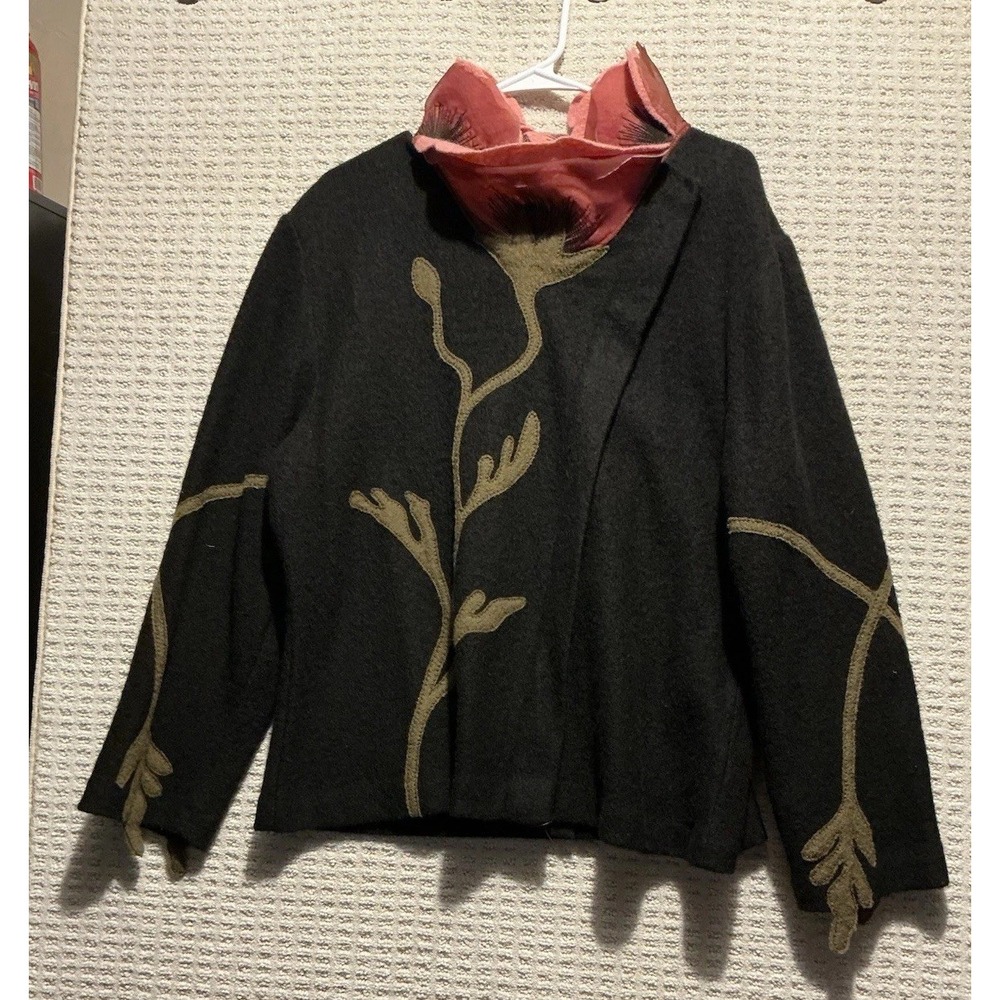 Covelo Women's Jacket Boiled Wool XL  Organza Poppy  Wearable Art Appliqué
